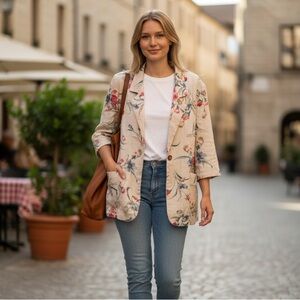 Vintage Joanna Petite Floral Linen Blazer with Red and Blue Accents